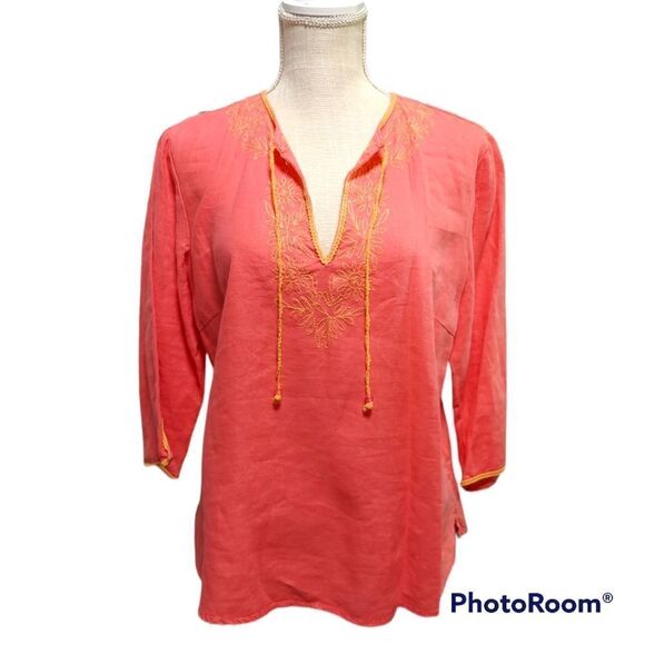 Gap large red 100% linen embroidered tie neckline quarter sleeve top - Picture 1 of 6